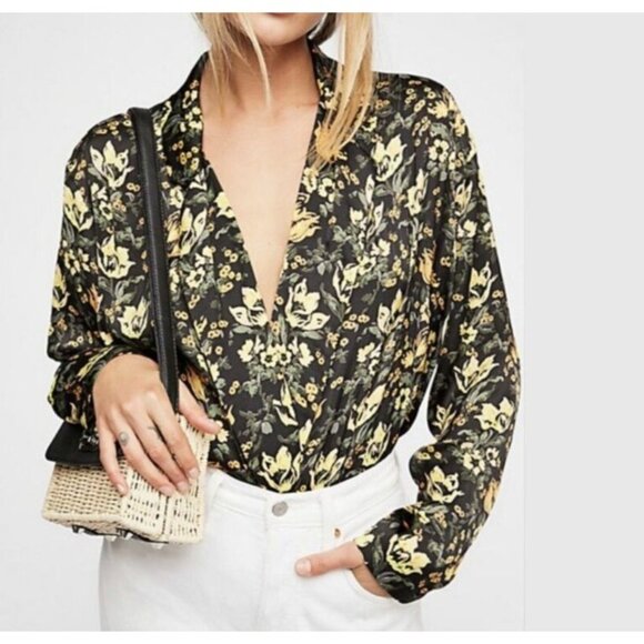 Free People Tops - Free People Bodysuit Womens S Black Yellow Floral Intimately Elsa Wrap Plunging